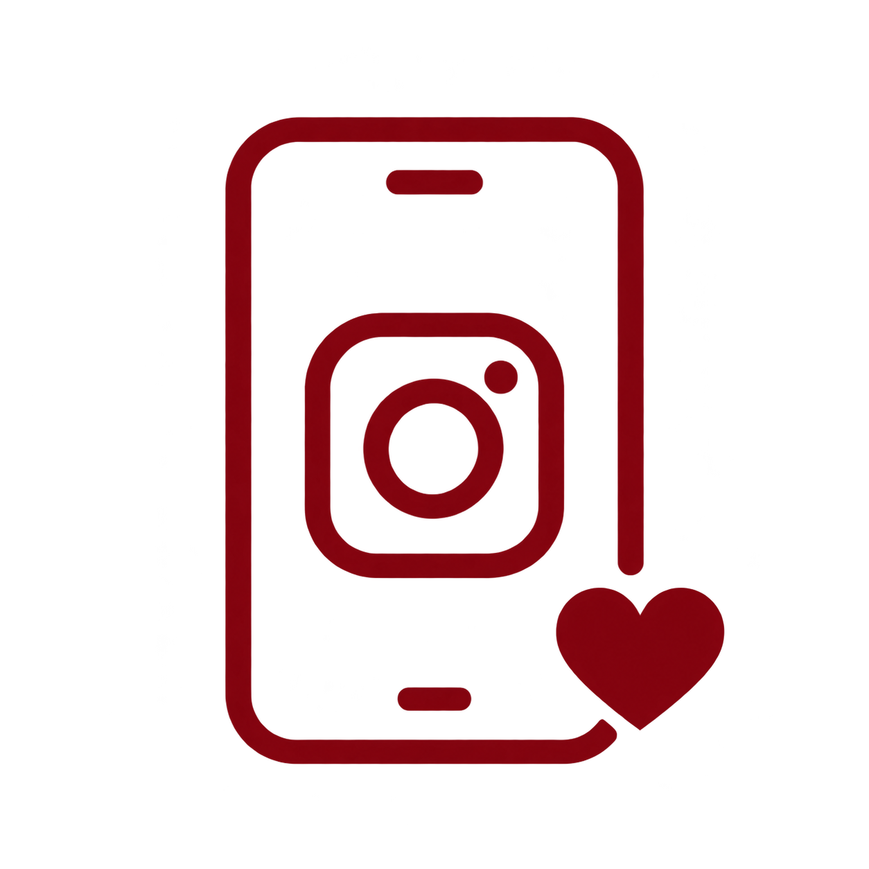 A dark red minimalist vector icon depicting a smartphone with the Instagram logo on its screen and a floating heart, isolated on a white background.