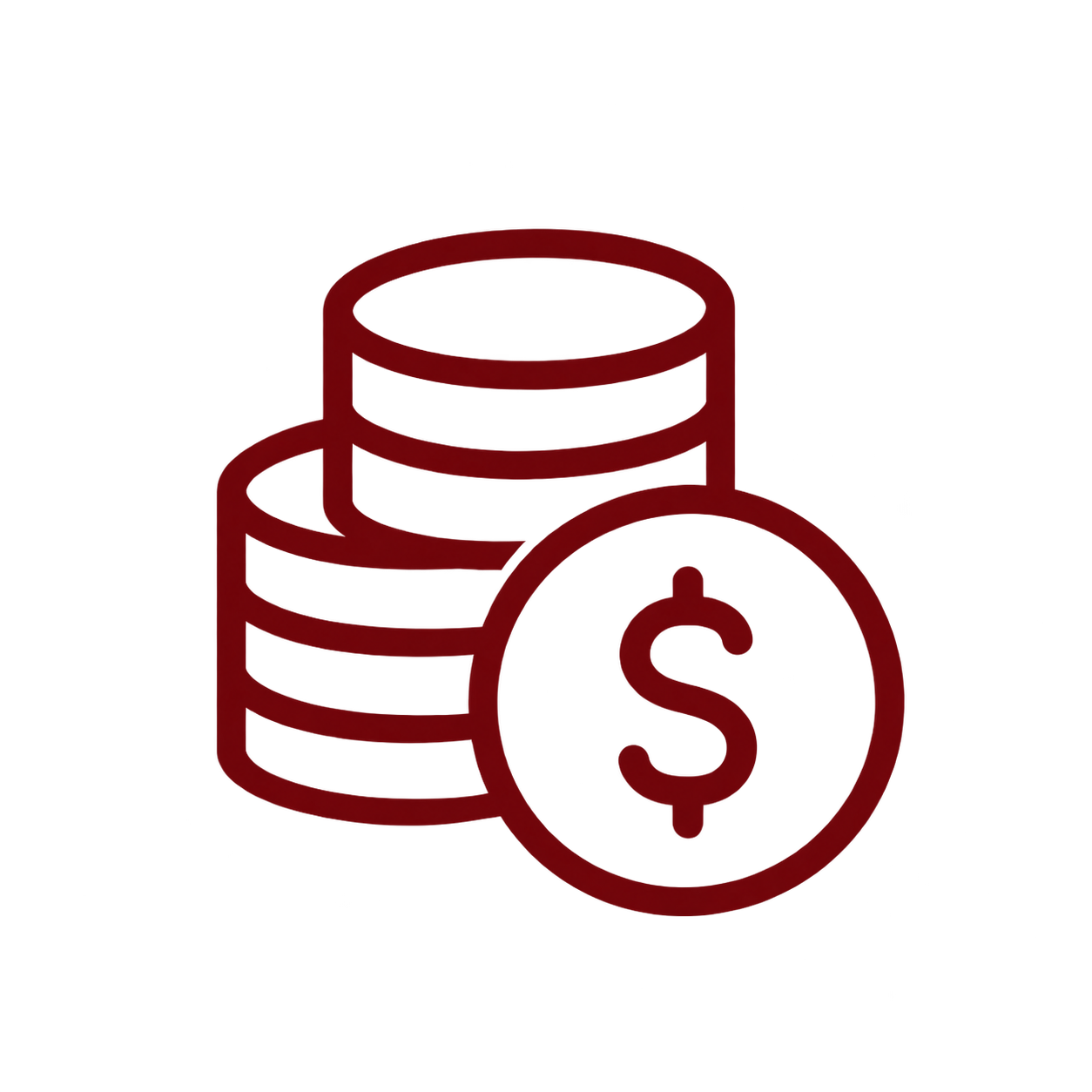 A dark red line icon depicting a stack of coins with a dollar sign on the front, isolated on a solid white background.
