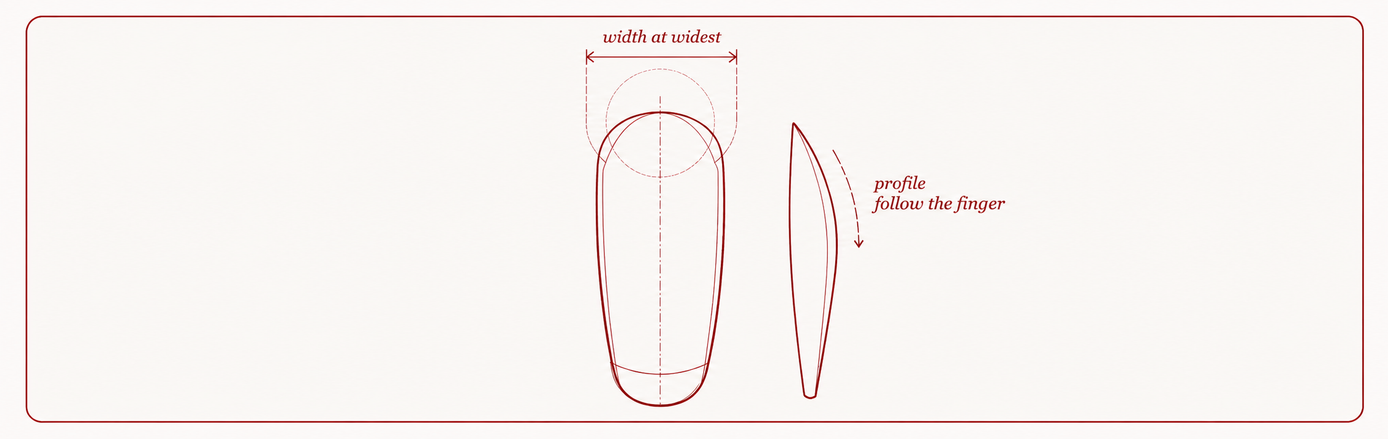 A minimalist line drawing on a light cream background showing two profile views of a nail shape with measurement arrows and the words 'width at widest' and 'profile follow the finger' in dark red text.