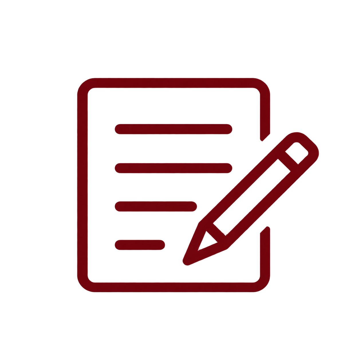 A dark red outline icon of a document with horizontal lines and a pencil, centered on a light gray background.