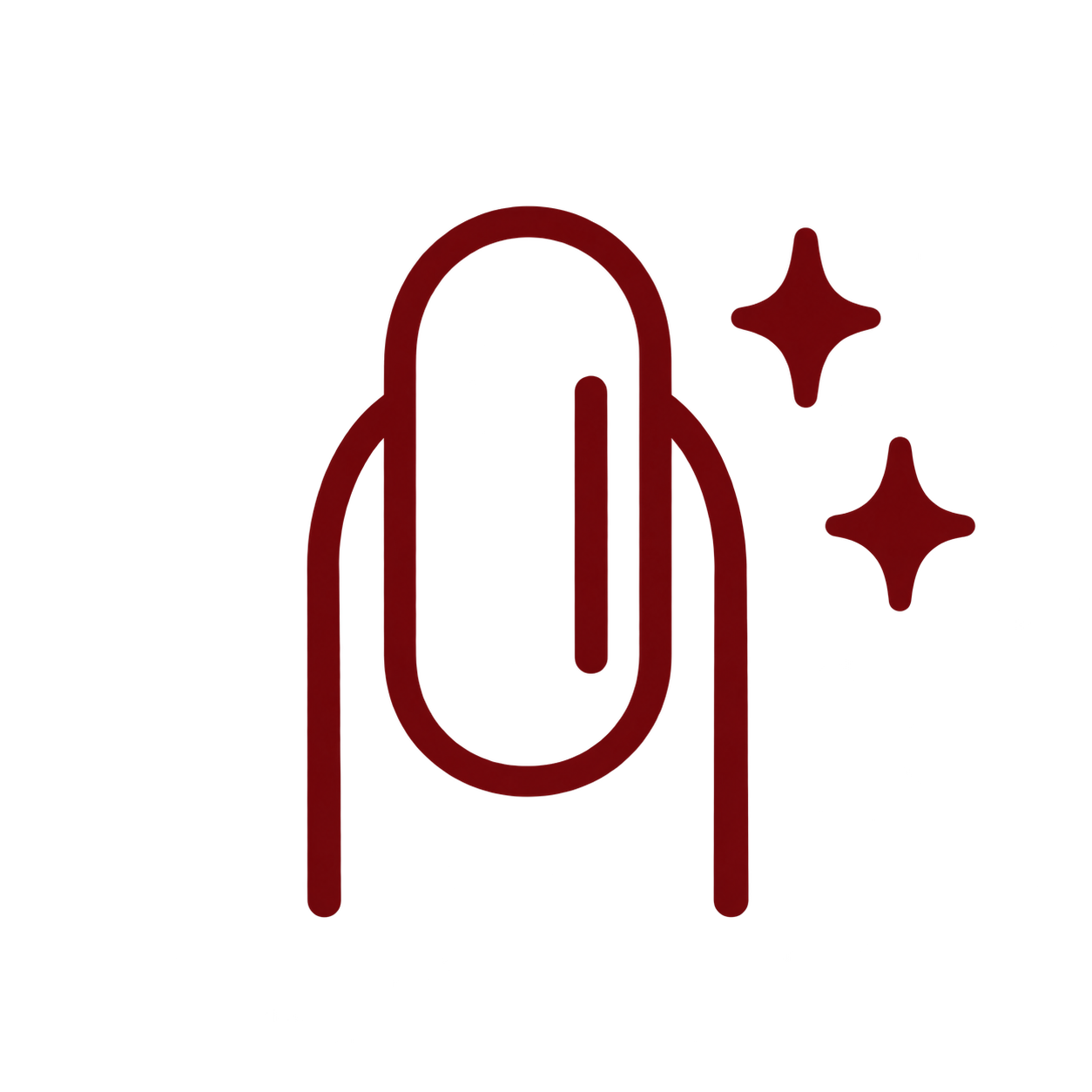 A minimalist dark red line icon of a paperclip with two sparkles, centered on a solid white background.