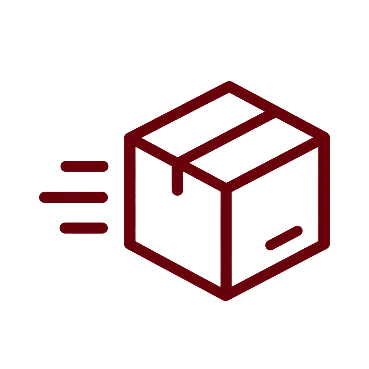 A dark red minimalist line icon of a shipping box with motion lines on a solid white background.
