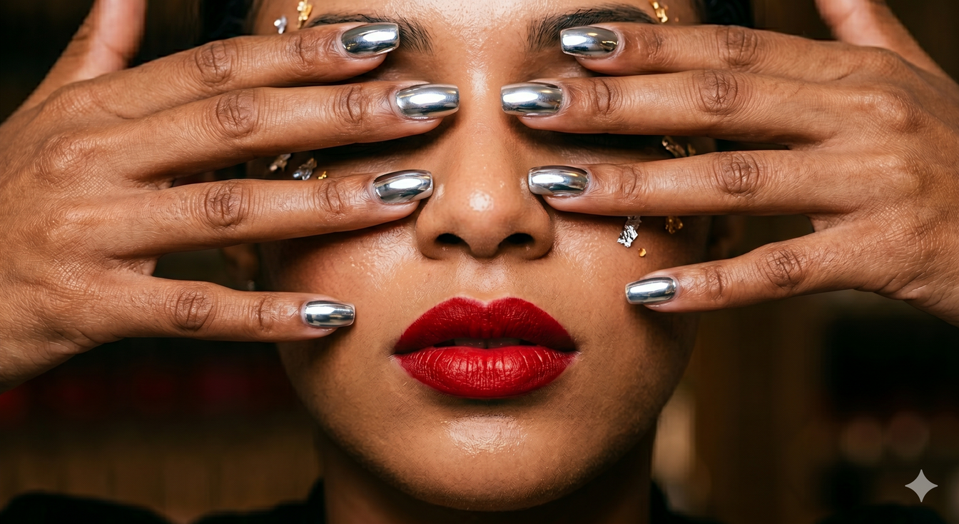 Close-up of a person with red lipstick and silver nail polish covering their face.