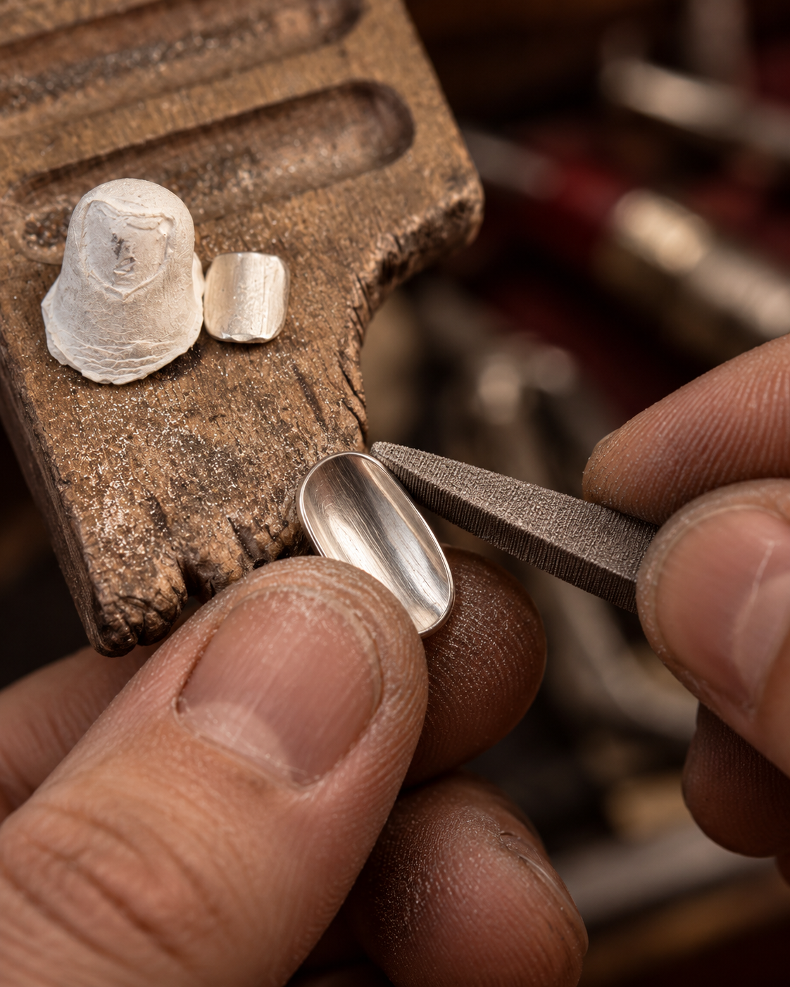 Close-up of a jeweler's hands shaping a small polished silver cabochon with a metal tool, next to a wooden workbench holding raw silver pieces.
